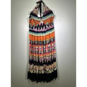 Calvin‎ Klein Midi Dress L Halter Vibrant Tye Dye Festival Chiffon Tiered Y2K